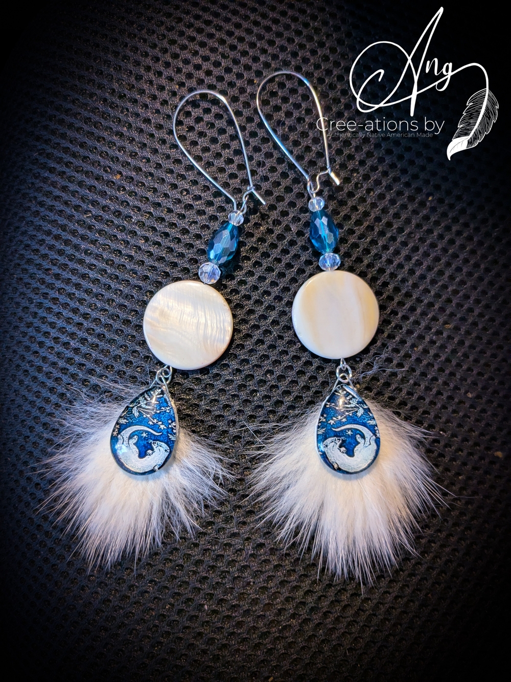 Indigenous White Fur Earrings With Otter Art & Mother-of-Pearl Discs